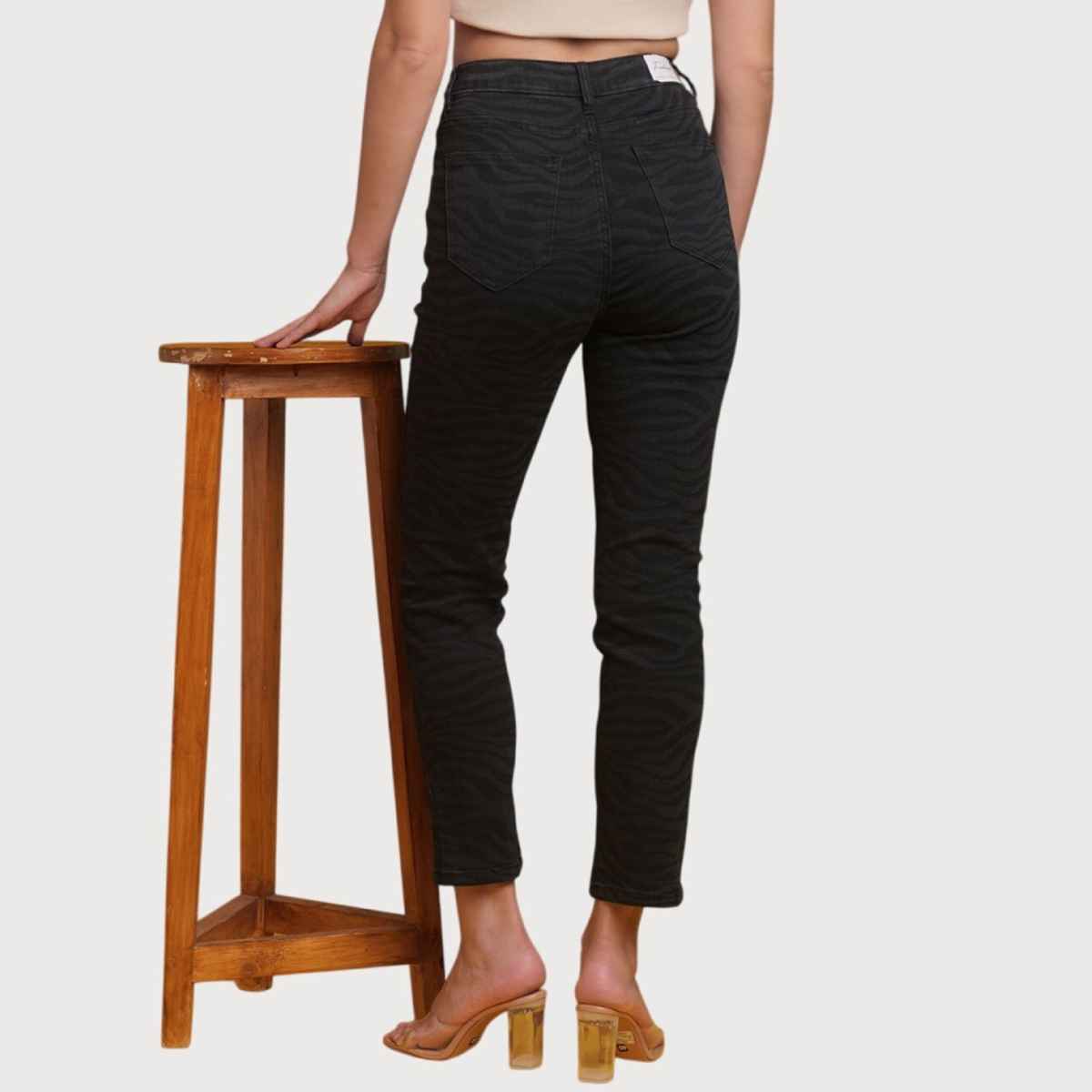 Freehand Women's Animal Print Straight Denim Jeans | Black - 34