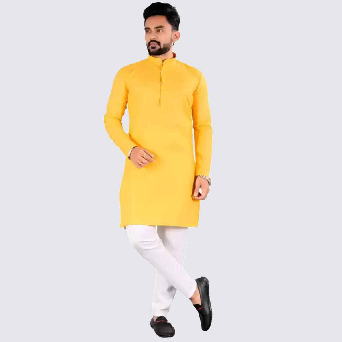 Freluro Men's Solid Cotton Blend Straight Kurta | Yellow - S