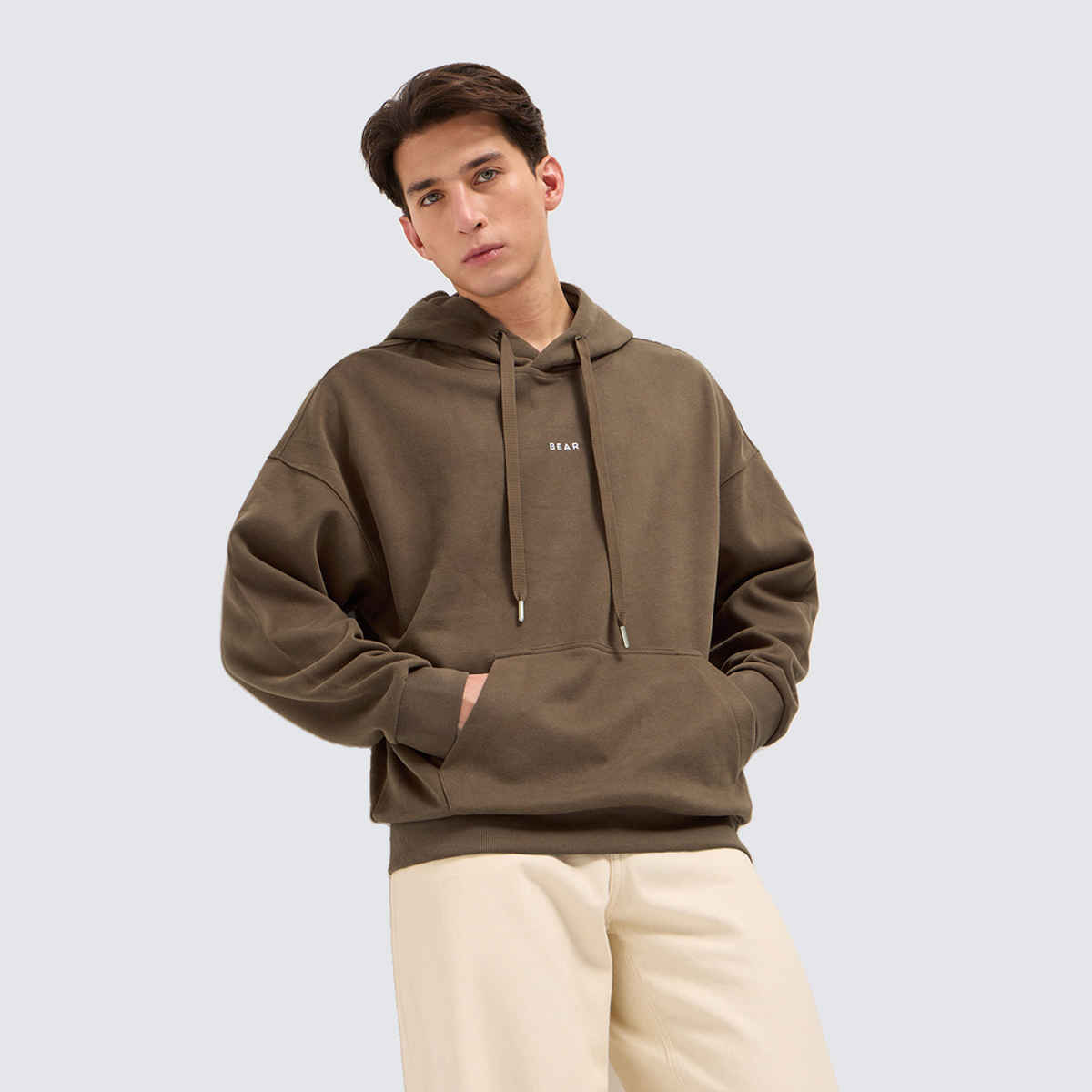 The Bear House Men's Solid Relaxed Fit Hoodie with Kangaroo Pocket | Brown - L