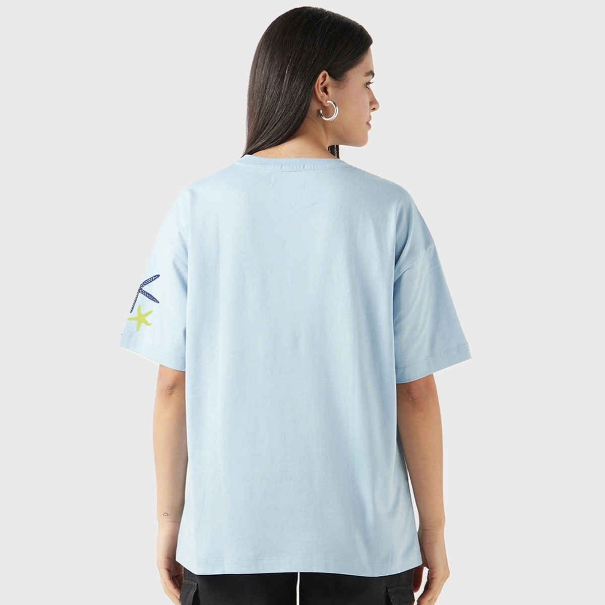 Bewakoof Women's Official SpongeBob Sponge Bob Graphic Printed Oversized T-shirt | Sky Blue - S