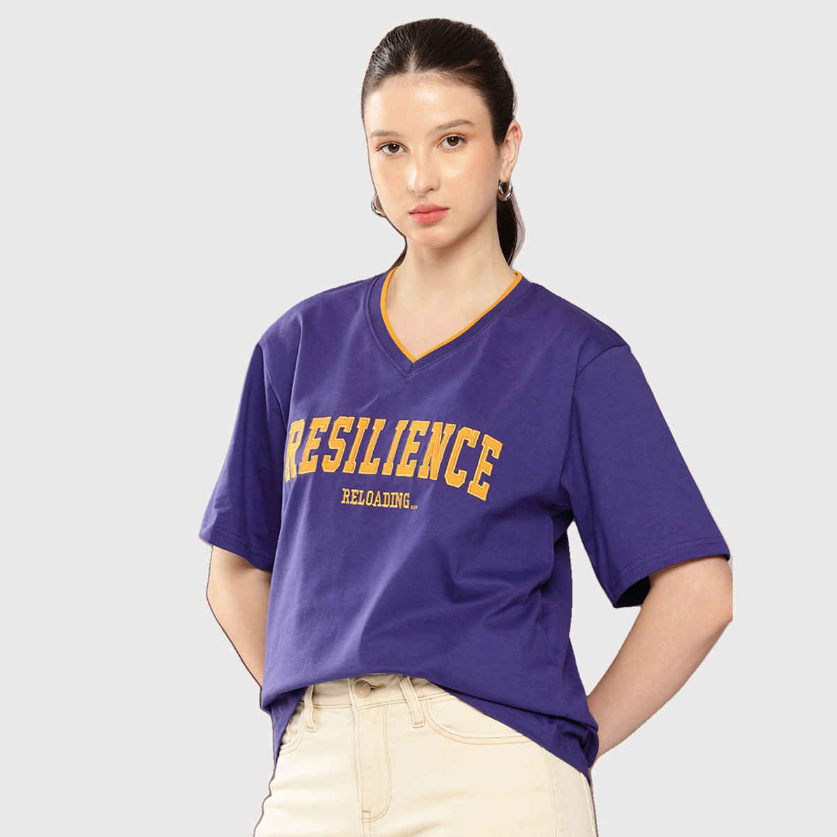 Dillinger Women's Oversized Printed V-Neck T-shirt | Navy Blue - S