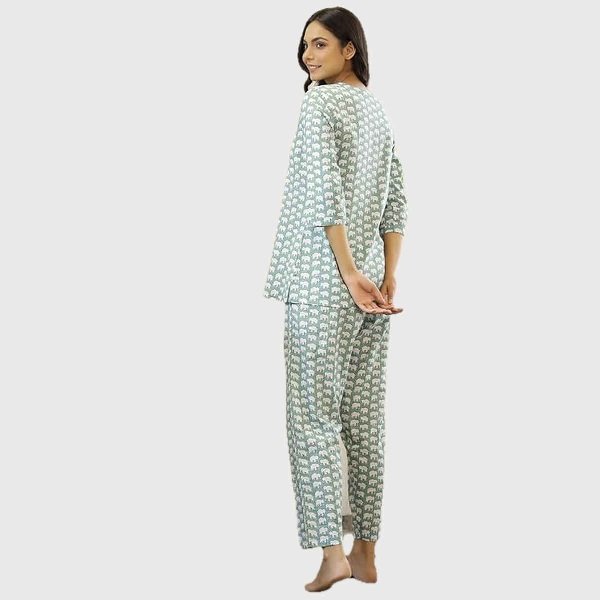 Sanskrutihomes Women's Printed Pure Cotton Night Suit | Green - S