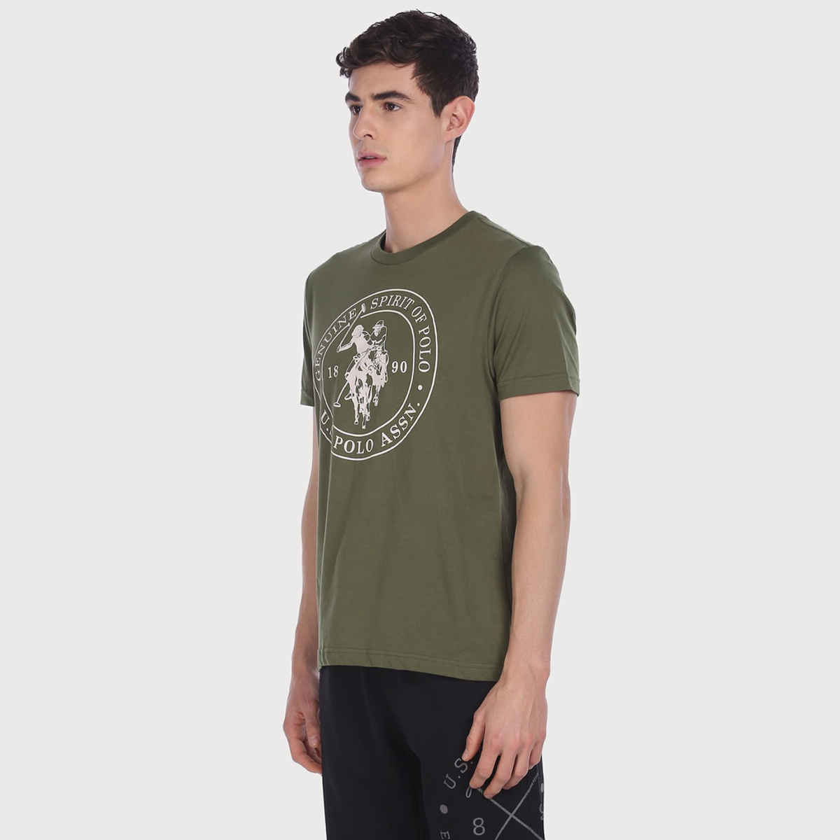 USPA Men's Printed Lounge Round Neck T Shirt - Regular Fit - Olive - L