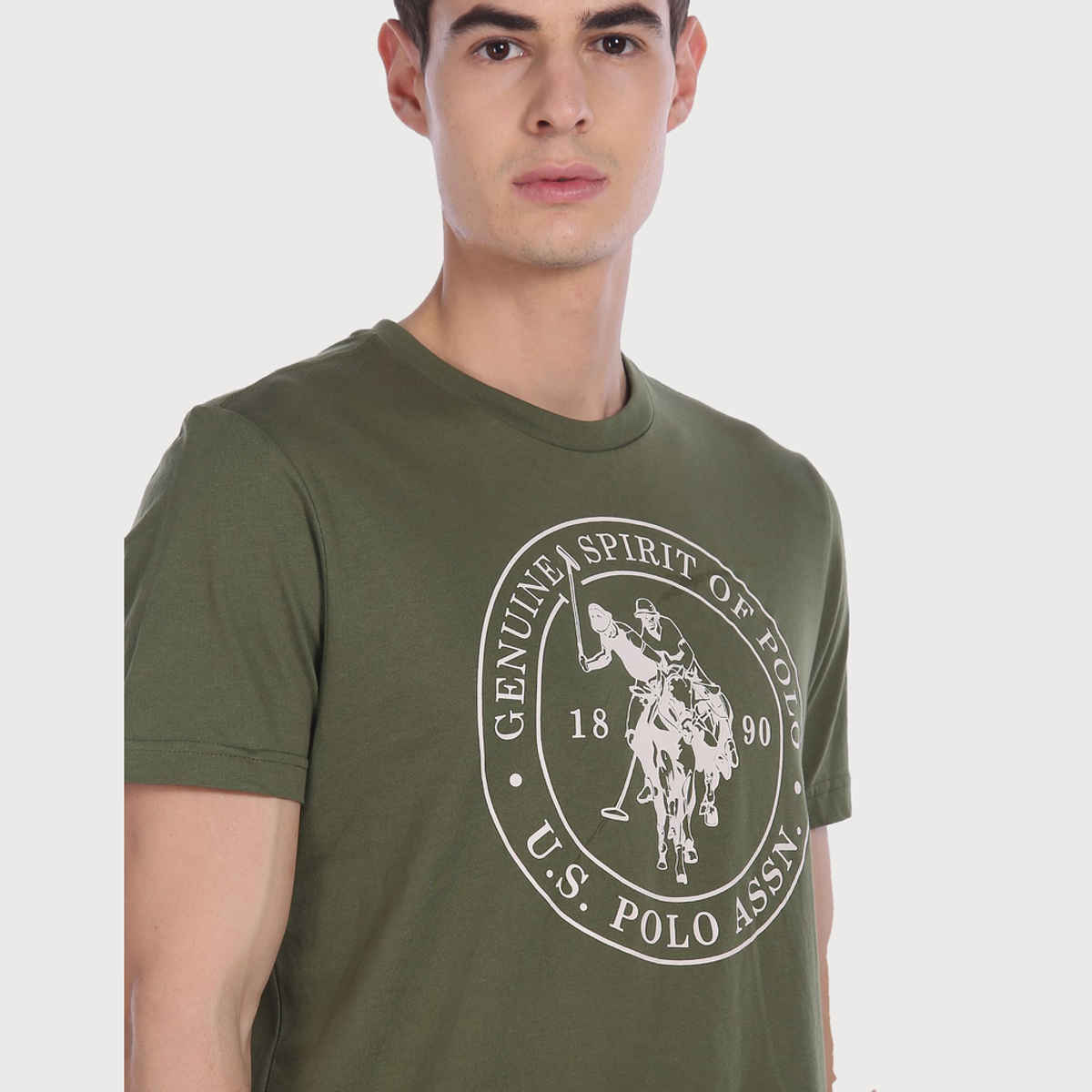 USPA Men's Printed Lounge Round Neck T Shirt - Regular Fit - Olive - S