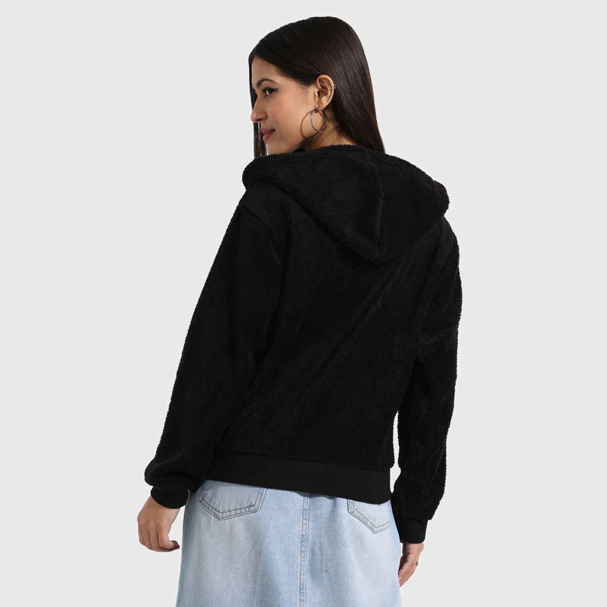 Campus Sutra Women's Fleece Hoodie with Zip-Closure | Black - M