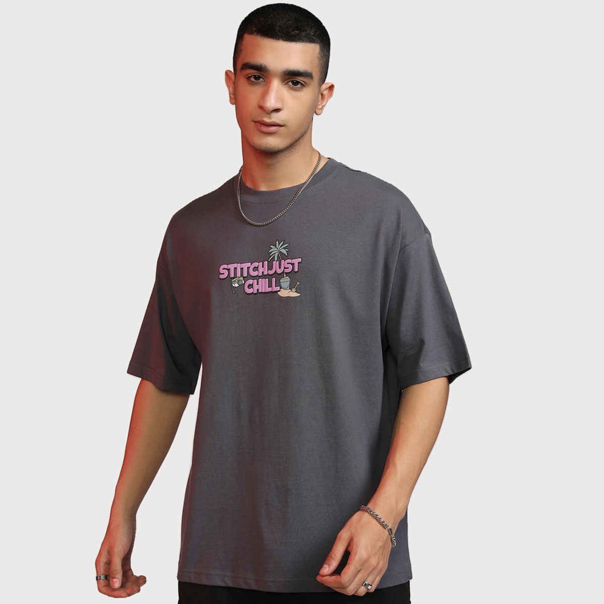 Highlander Men's Disney Stitch Printed Oversized Round Neck T-shirt | Grey - XL