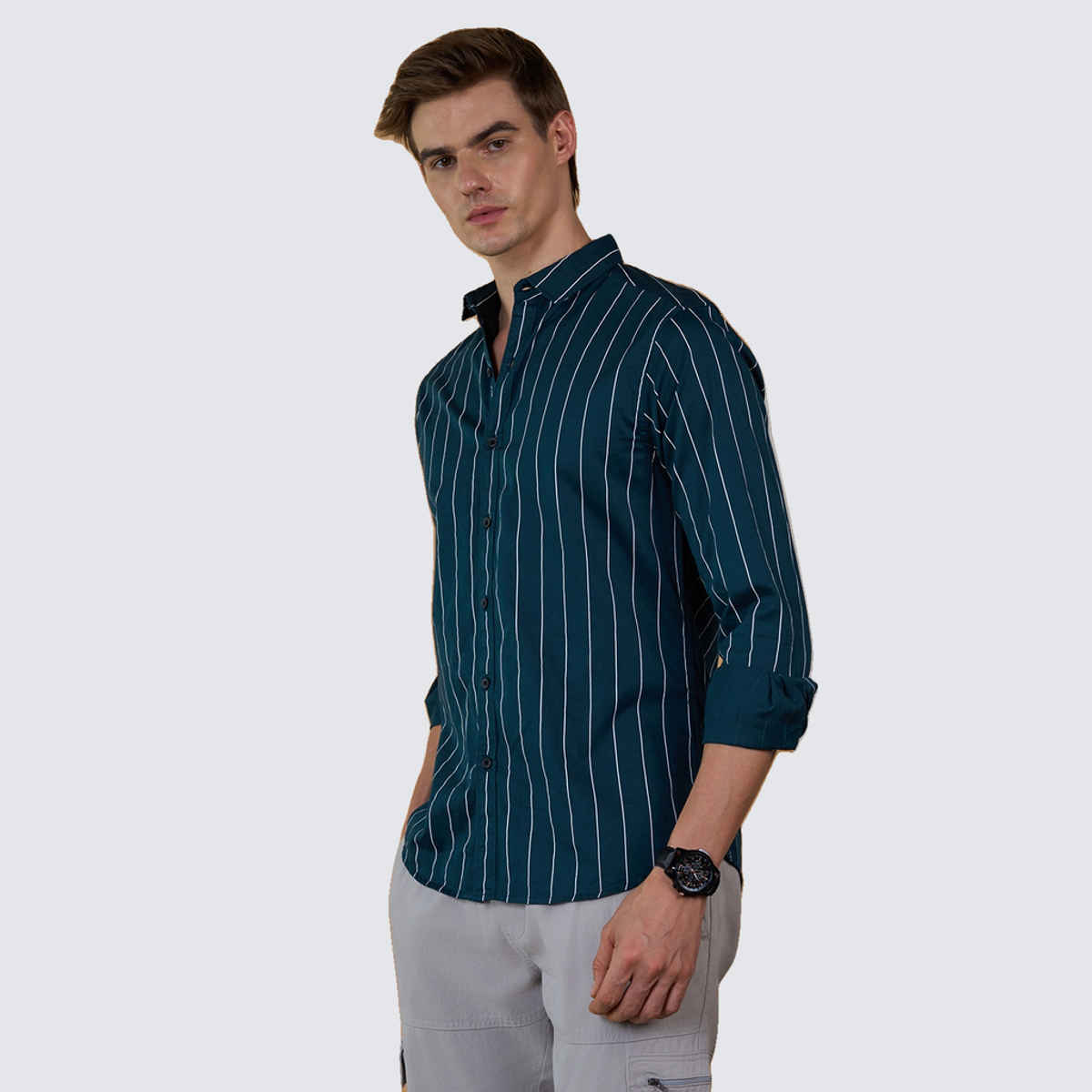 Dennis Lingo Men's Striped Slim Fit Casual Full Sleeve Shirt | Turquoise | S