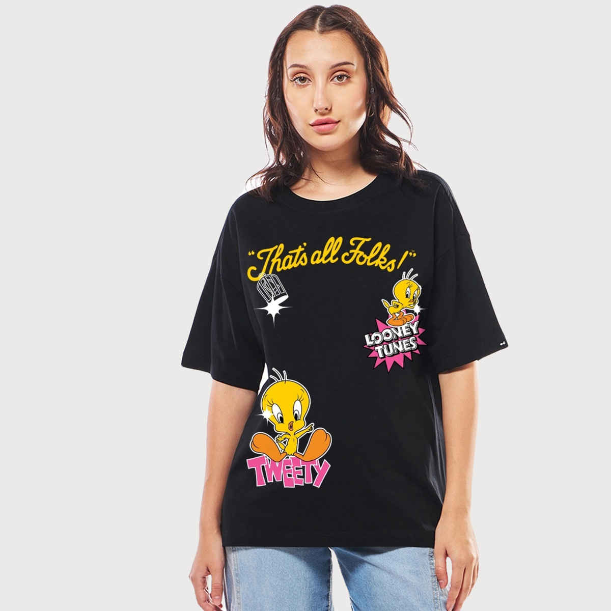 Bewakoof Women's Official Looney Tunes Cutie Graphic Printed Oversized T-shirt | Black - S