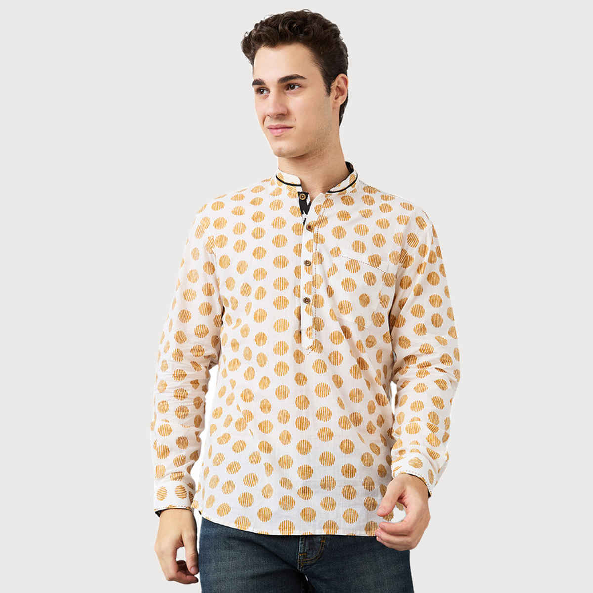 Ethnix by Raymond Men's Fit Pure Cotton Full Sleeve Folded Collar Short Kurta | Light Yellow - M