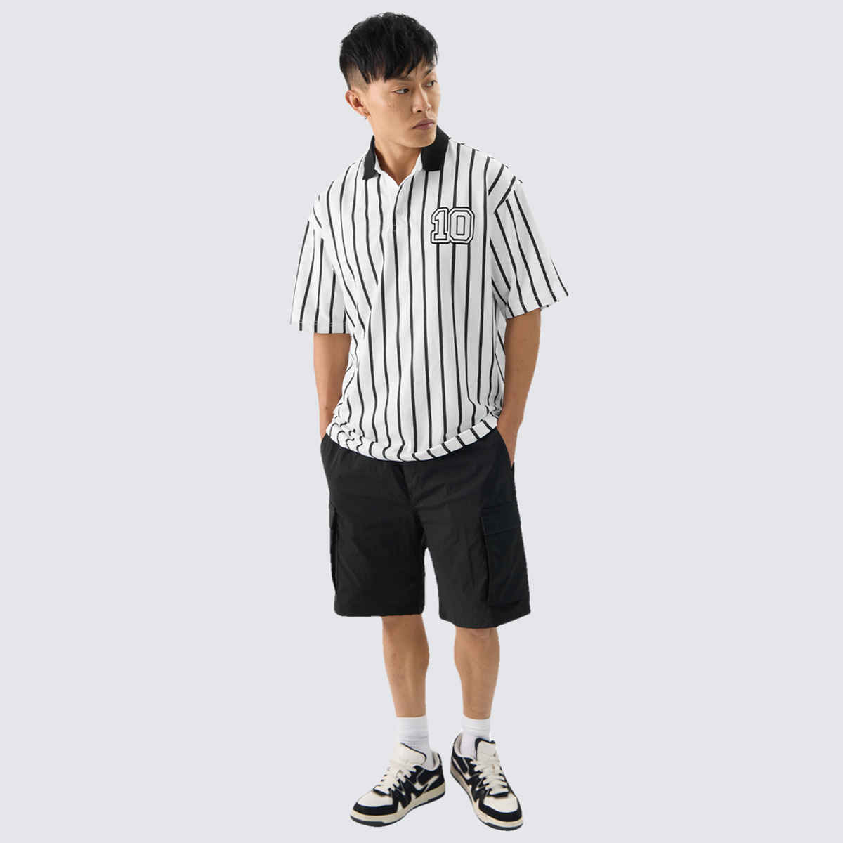 The Souled Store Men's Stripes Timeless Noir Oversized Polo | Multicolour - XL