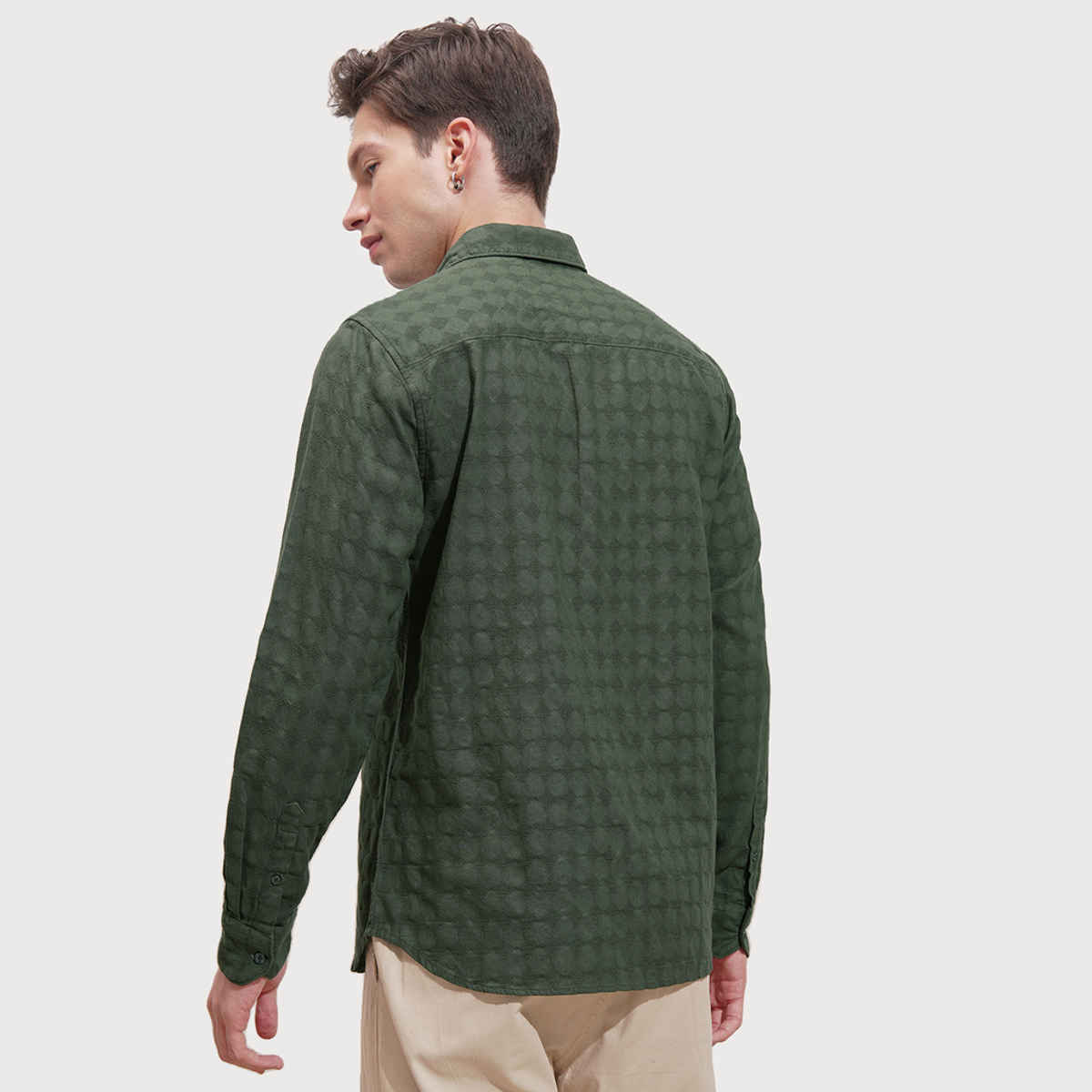 HIGHLANDER Men's Dobby Textured Solid Casual Slim Fit Shirt | Bottle Green - XL