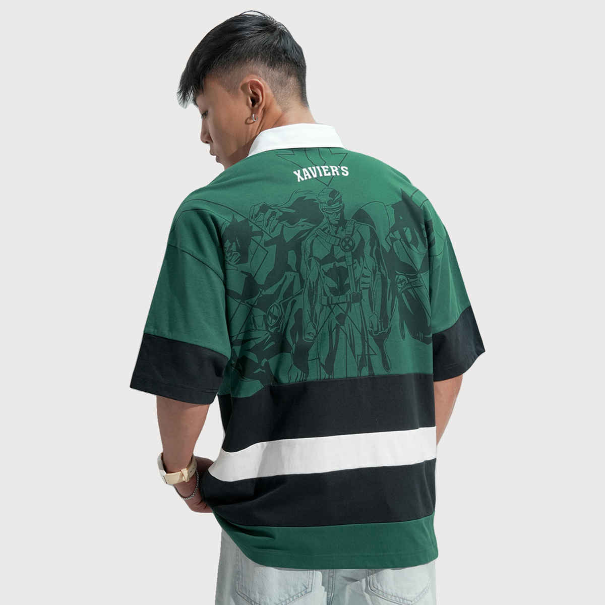 HIGHLANDER Men's X-Men Printed Polo Collar Oversized Fit T-Shirt | Green - L