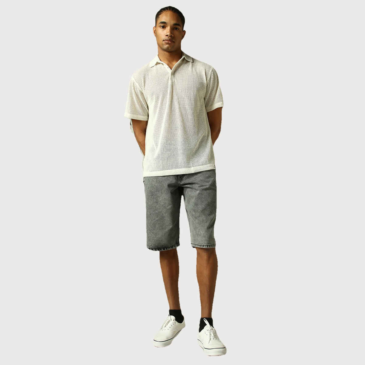 Hubberholme Men's Opaque Solid Cuban Collar Textured Fabric Oversized Casual Shirt | White - 44