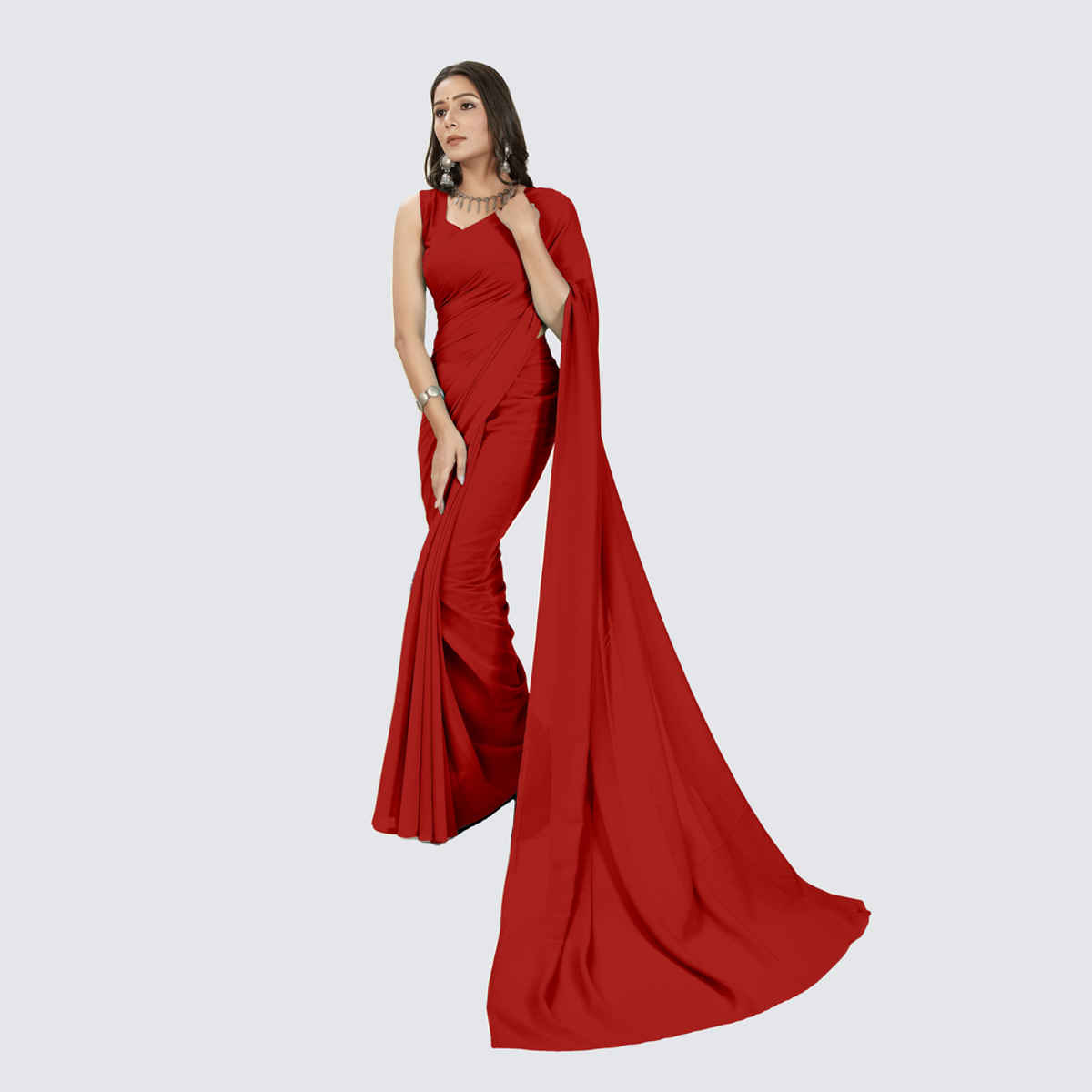 Anand Saree Women's Dyed | Plain Bollywood Georgette | Chiffon Saree | Red