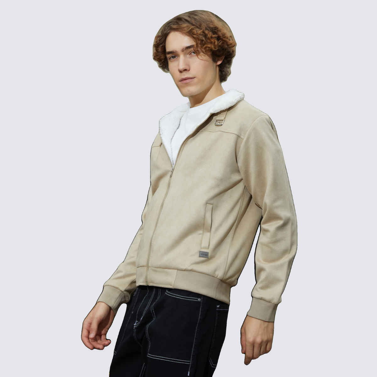 Campus Sutra Men's Fleece-Lined Bomber Jacket | Saltbox Beige & Chalk White - M