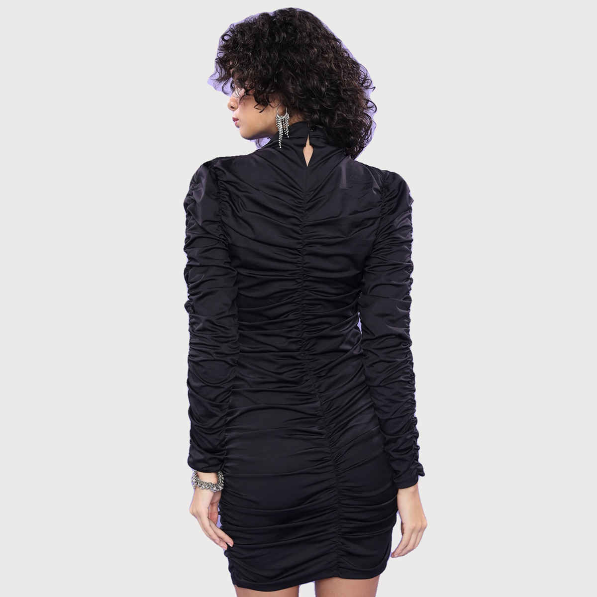 Ketch Women's Gathered Detailed High Neck Long Sleeves Sheath Dress | Black - L