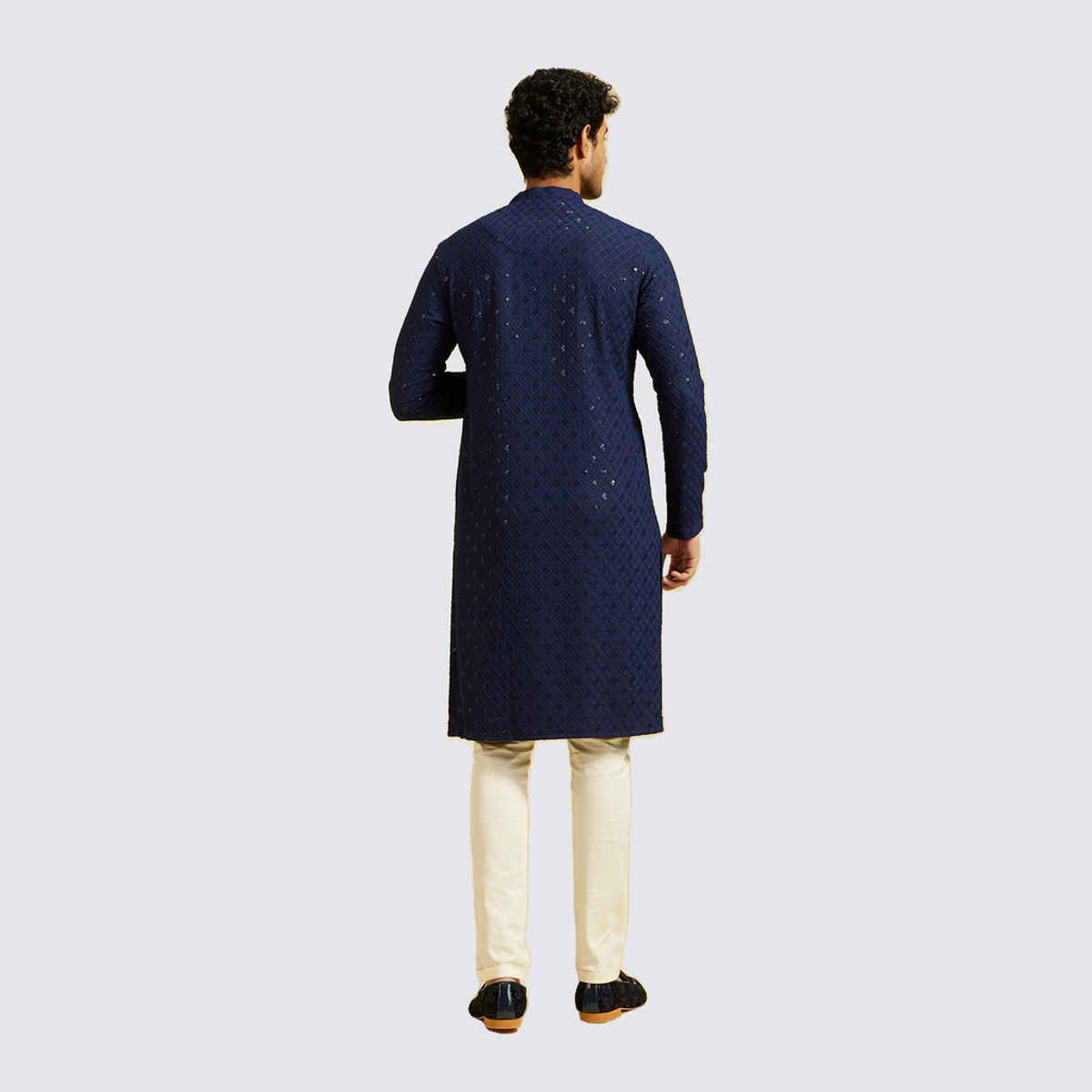 Diwas By Manyavar Men's Chikankari Kurta With Sequins | Navy Blue - 2XL