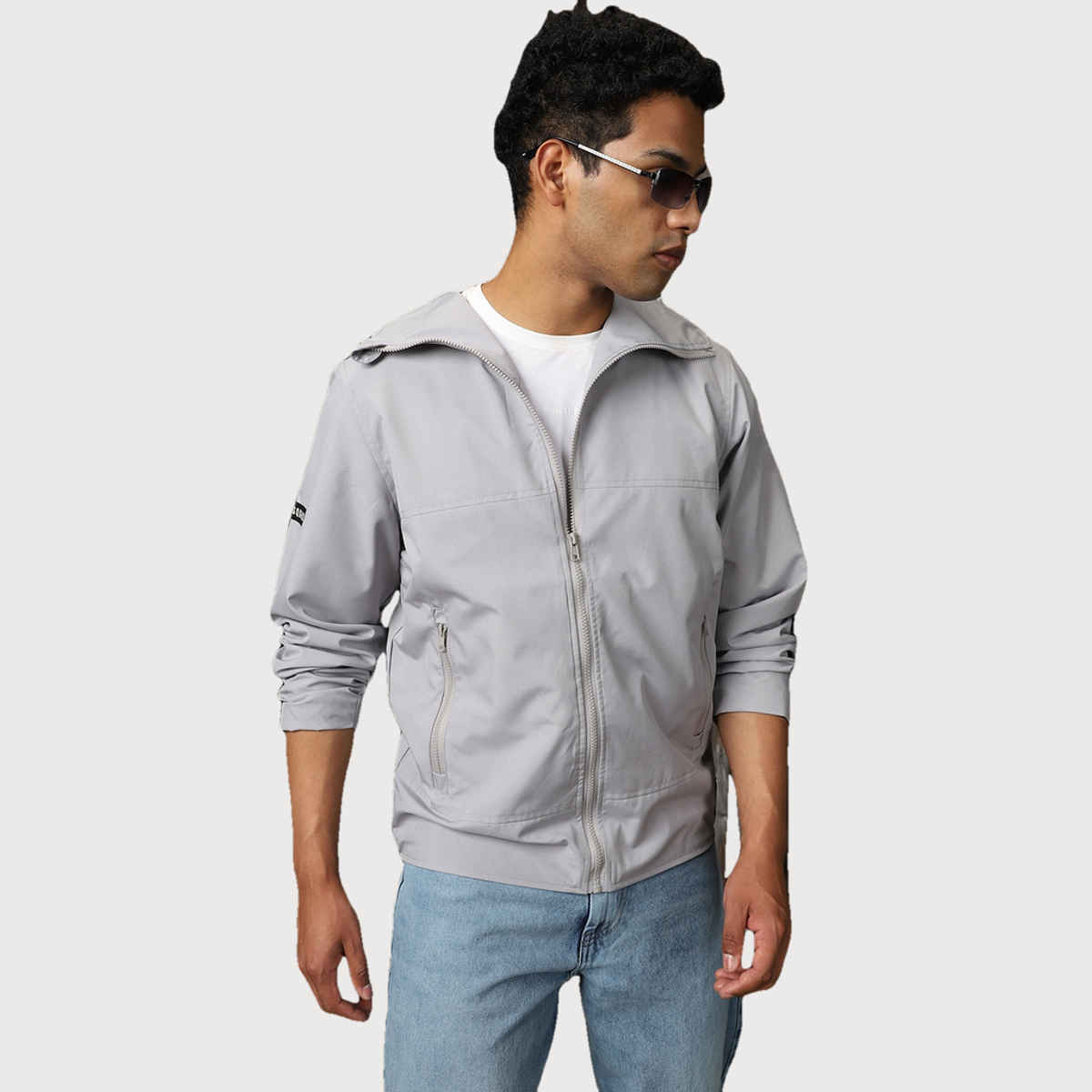 High Star Men's Windcheater Light Winters Hooded Bomber With Badge Detail Jacket | Gray - M
