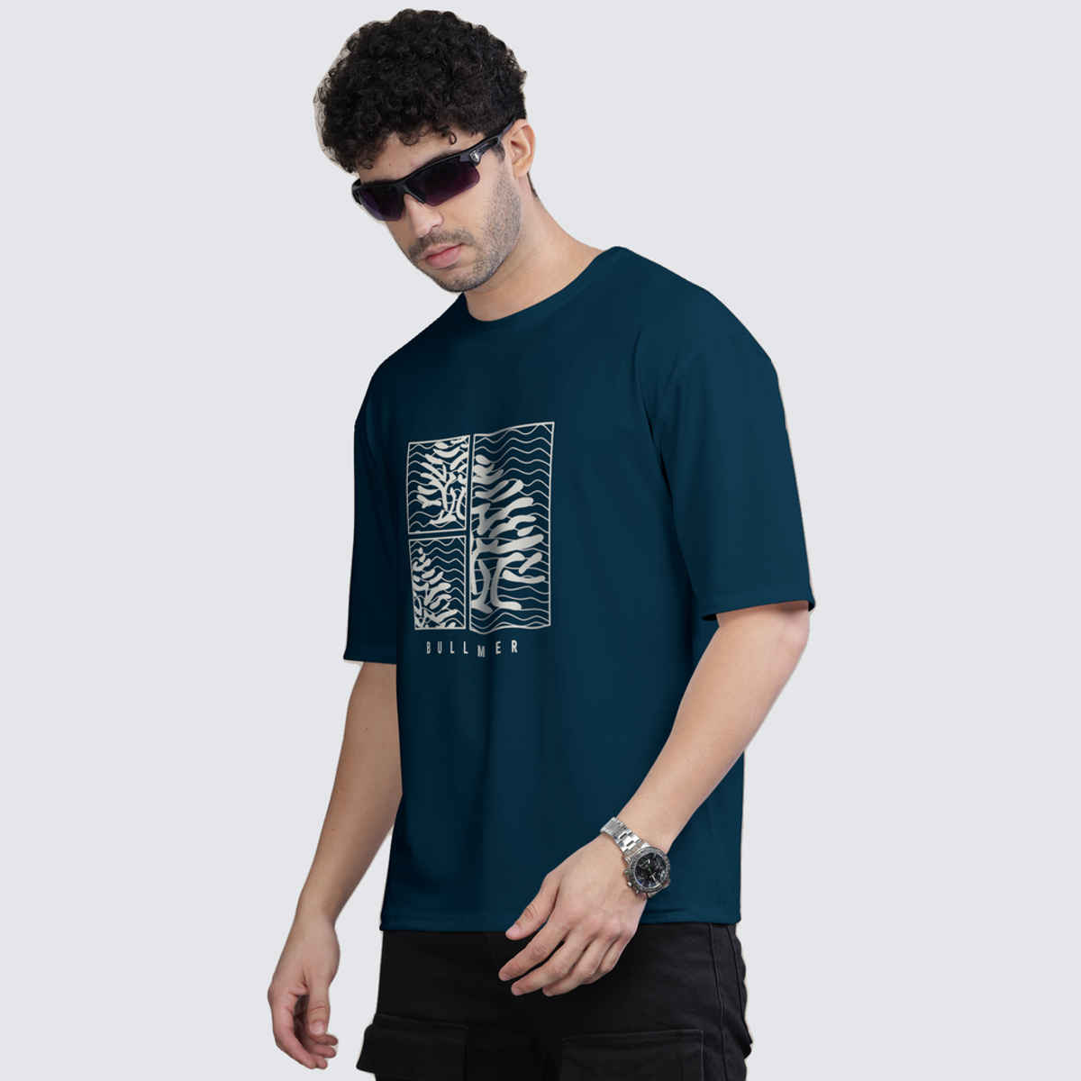 Bullmer Men's Oversized T-shirt Front Printed | Petrol Blue | M