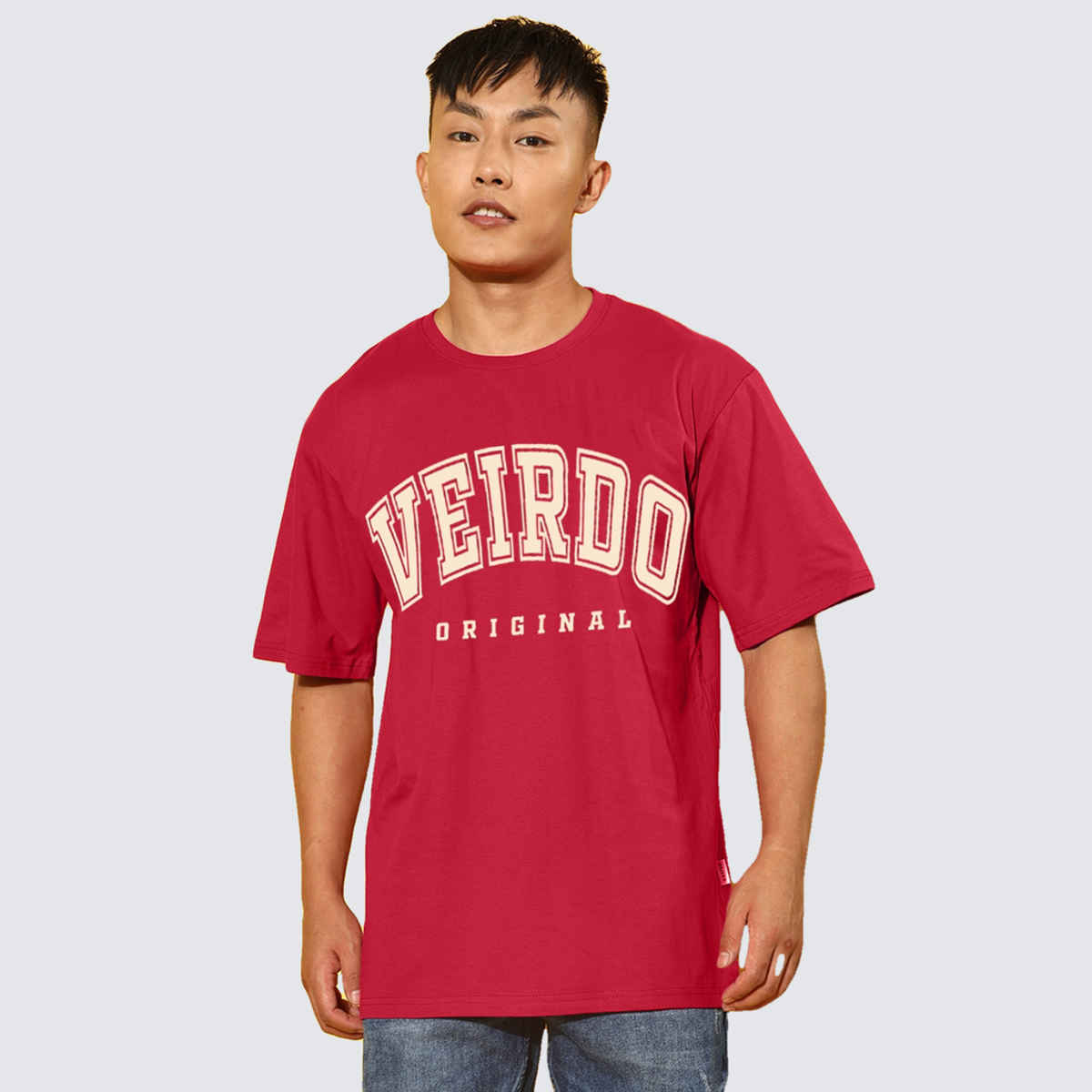 Veirdo Pure Cotton Oversized Fit Round Neck Red Printed T-Shirt For Men - L