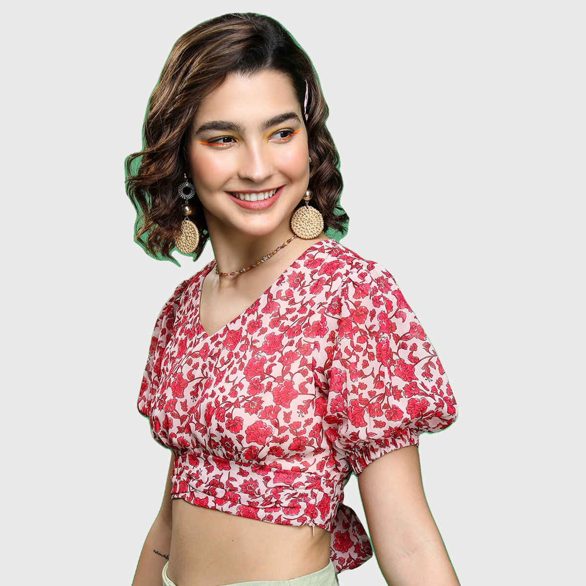 Ketch Women's Floral Printed Puff Sleeve Crop Top | Multicolor - S