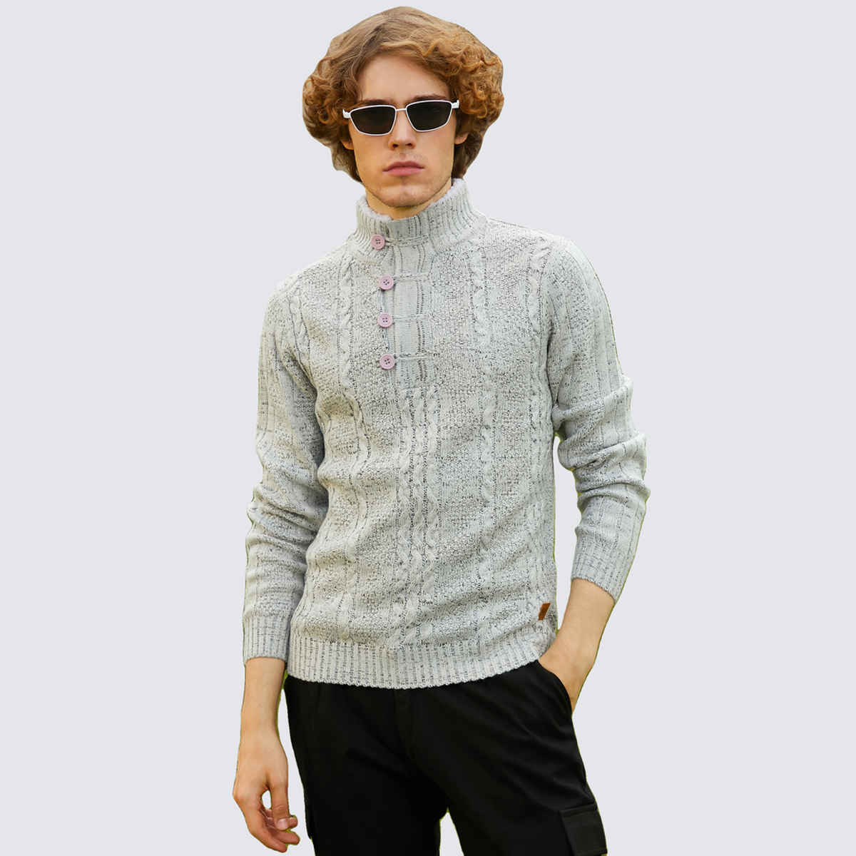 Campus Sutra Men's Heathered Cable Knit Sweater | Grey - M