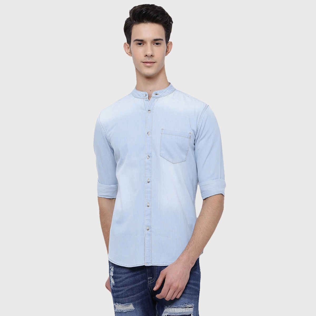 Highlander Men's Blue Slim Washed Denim Casual Shirt | Blue | L