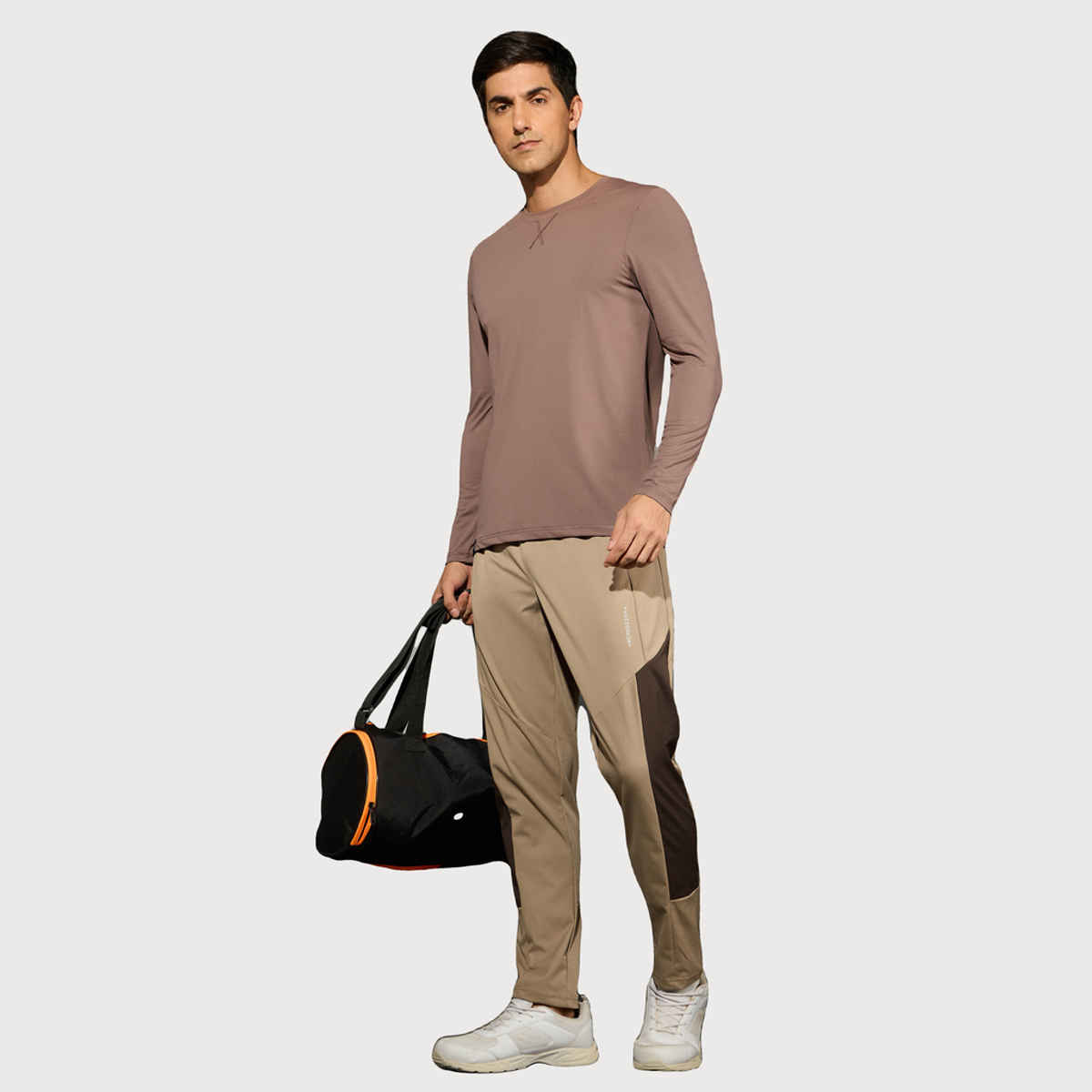 Technosport Men's Poly Solid Slim Fit Round Neck Full Sleeve Sports T-shirt | Deep Taupe - 2XL