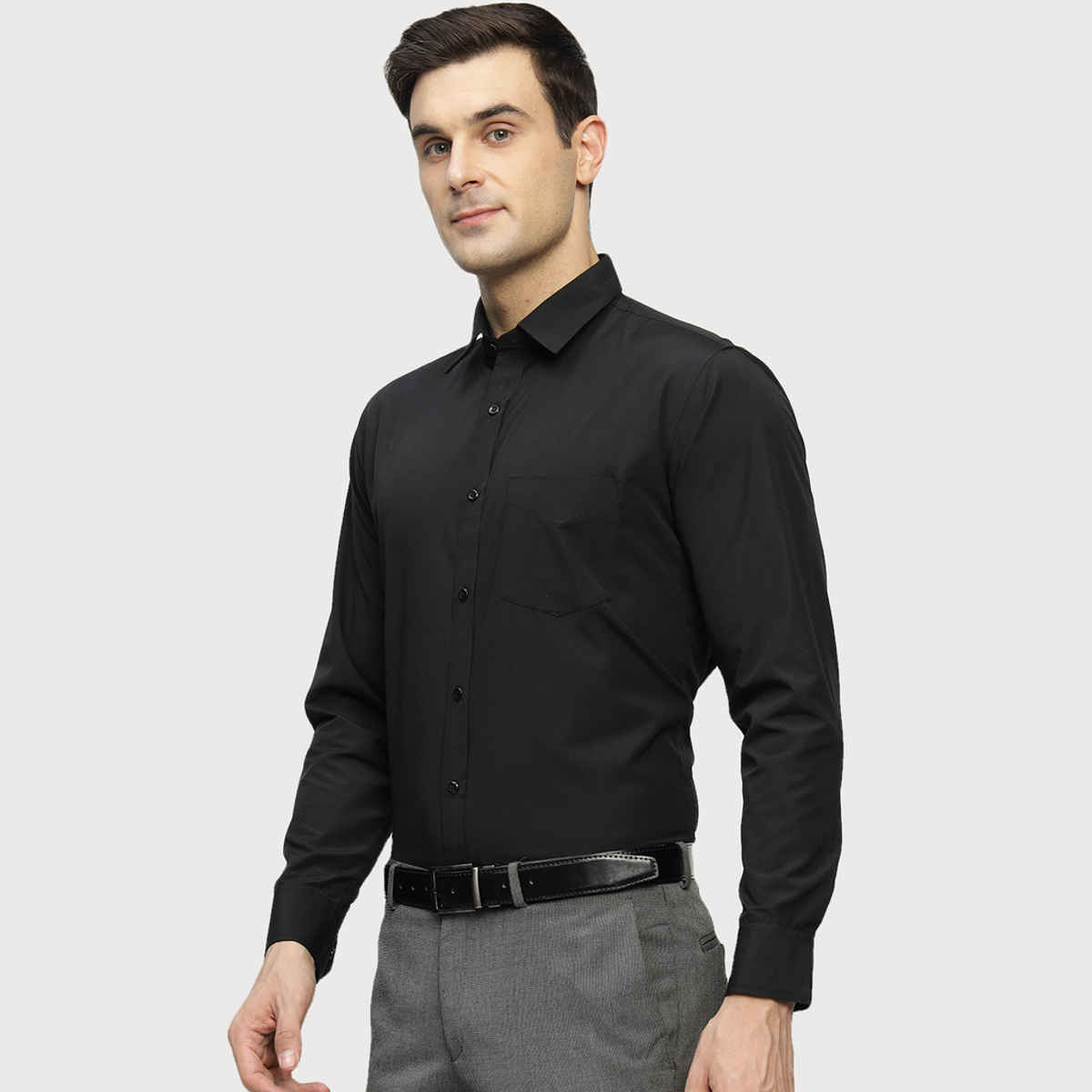 English Navy Men's Polyester Solid Slim Fit Formal Shirt | Black - L