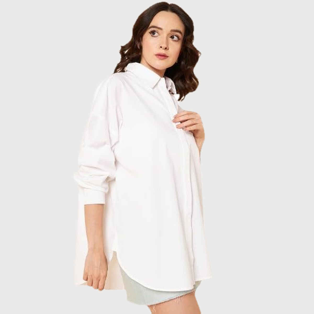 High Star Women's Solid Oversized Cotton Casual Shirt | White - M