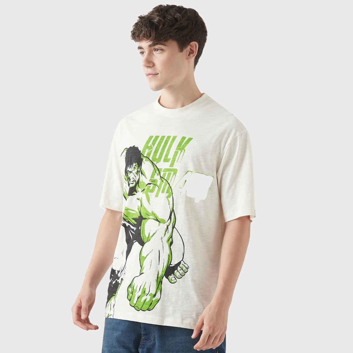 Bewakoof Men's Marvel Hulk Smash Graphic Printed Oversized T-shirt | Gardenia - M