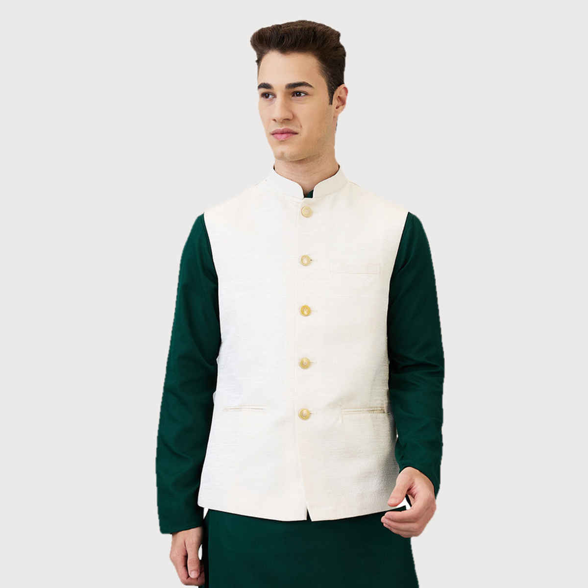 Ethnix by Raymond Men's Regular Fit Pure Polyester Structure Pattern Stand Collar Bundi | White - L