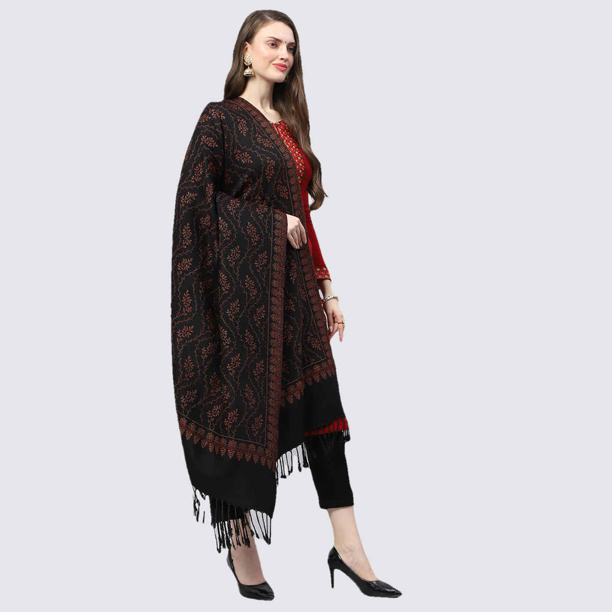 Monte Carlo Womens Self Design Black Reversible Shawl (224Shw7083-0-40) (L 200 Cm X W 100 Cm)