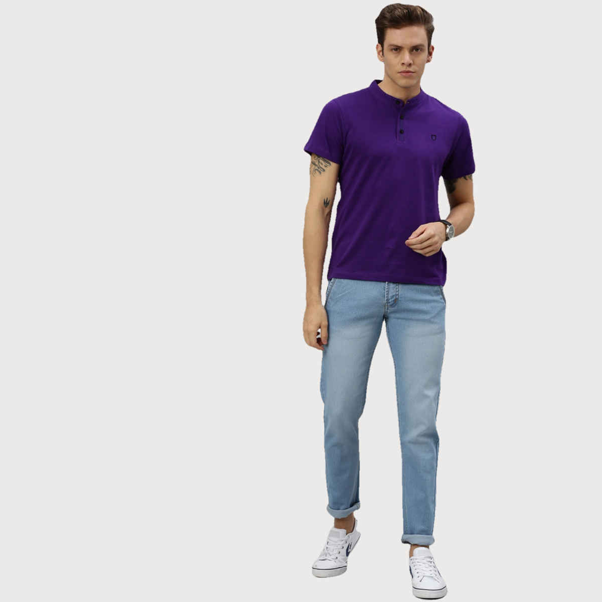 Urbano Fashion Men's Purple Solid Mandarin Collar Slim Fit Cotton T-Shirt-L