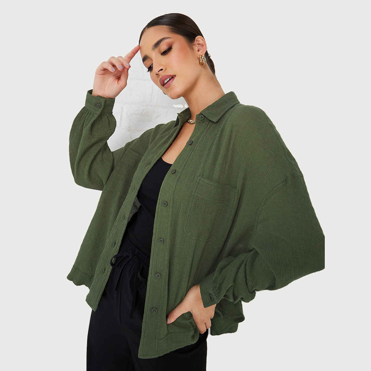 Styli Women's Casual Wear Solid Spread Collar Long Sleeves Regular Fit Longline Shirts | Khaki - L