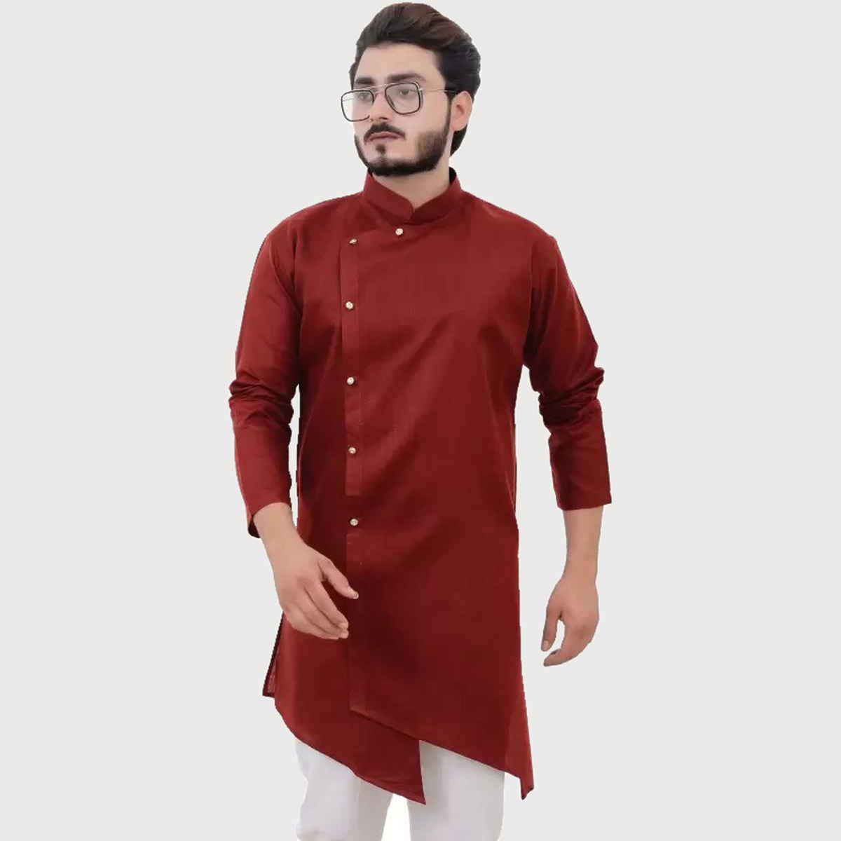 Tibra Collection Men Asymmetric Kurta - Maroon | Solid | Cotton Blend | M