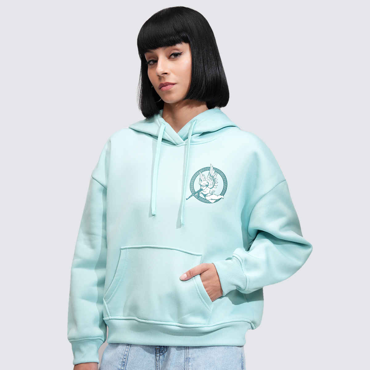 Tokyo Talkies Women's Graphic Printed Oversized Hooded Pullover Sweatshirt | Aqua - S