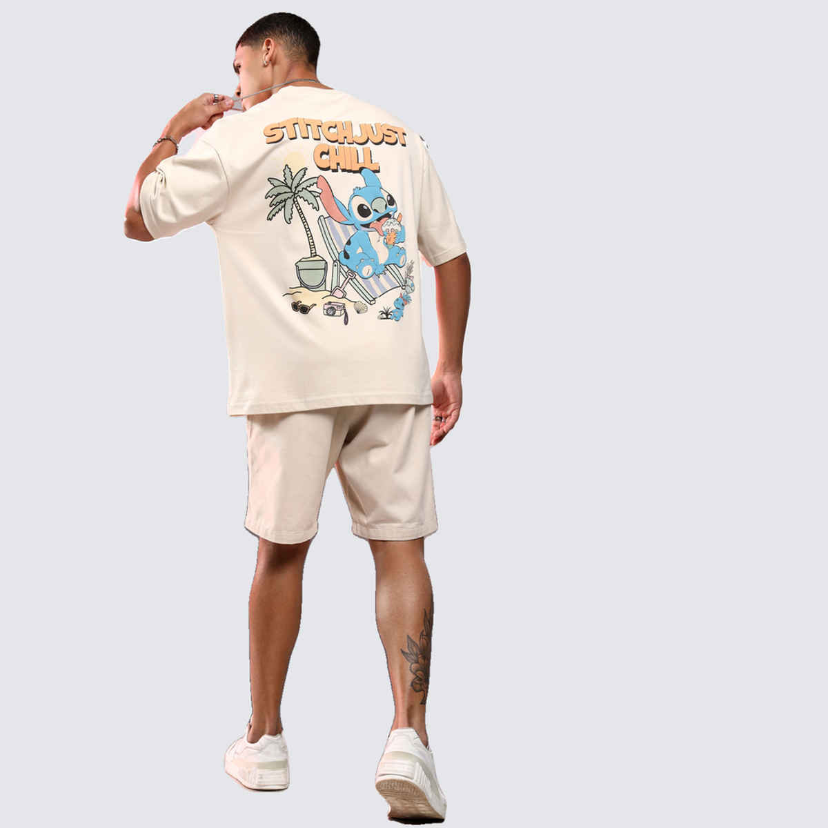 Highlander Men's Disney Stitch Printed Oversized Short Sleeve Drop Shoulder T-shirt | Cream - XS