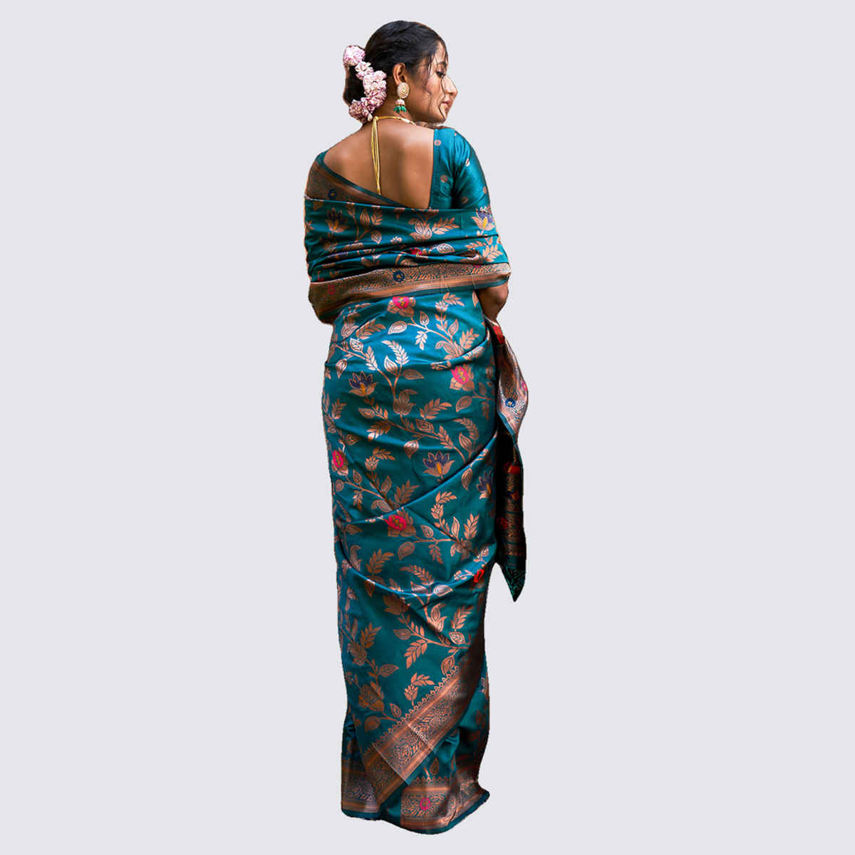 Janasya Women's Banarasi Design Saree with Unstitched Blouse Piece | SAR304 | Teal Green