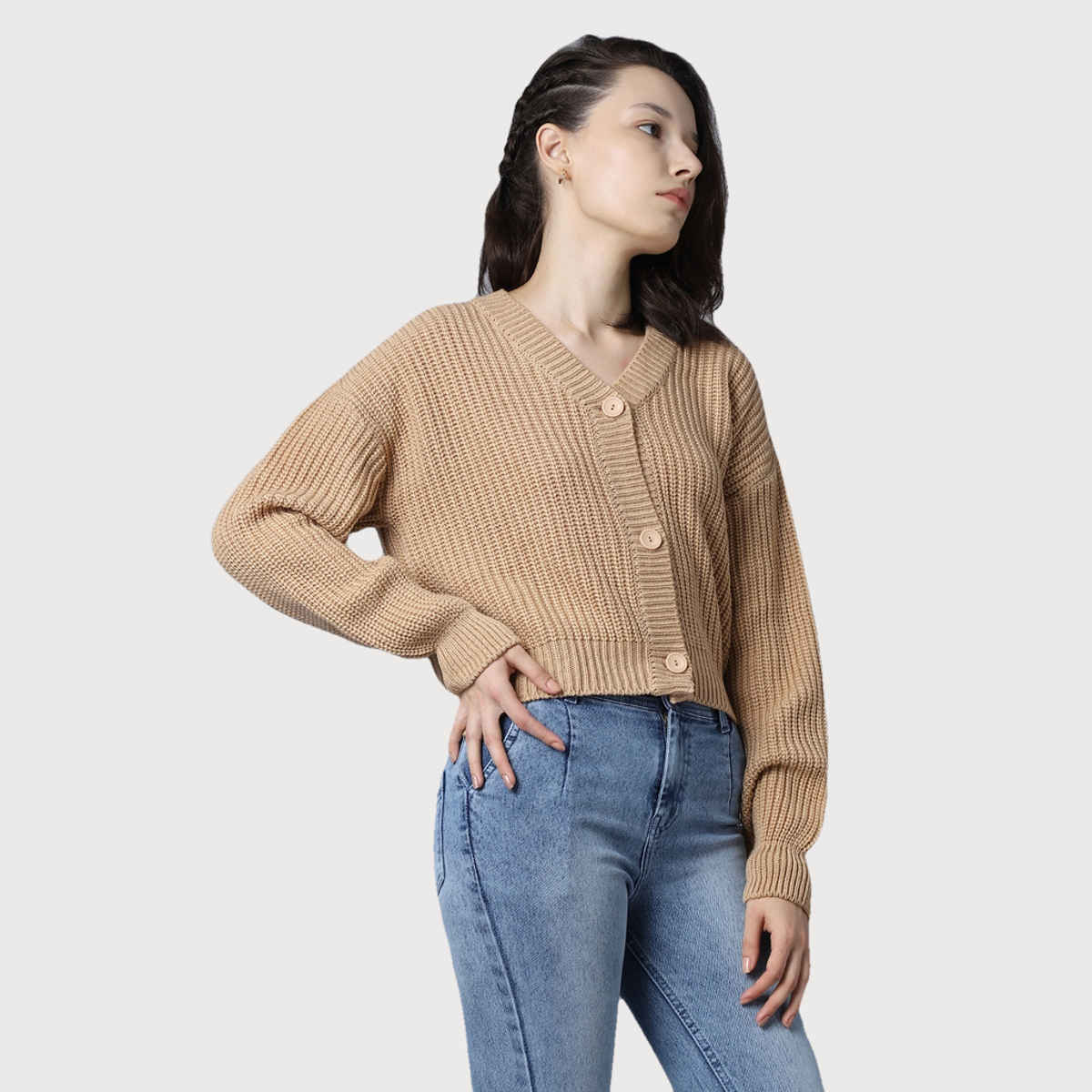 High Star Women's Ribbed V-Neck Long Sleeves Acrylic Cardigan | Sand - XL