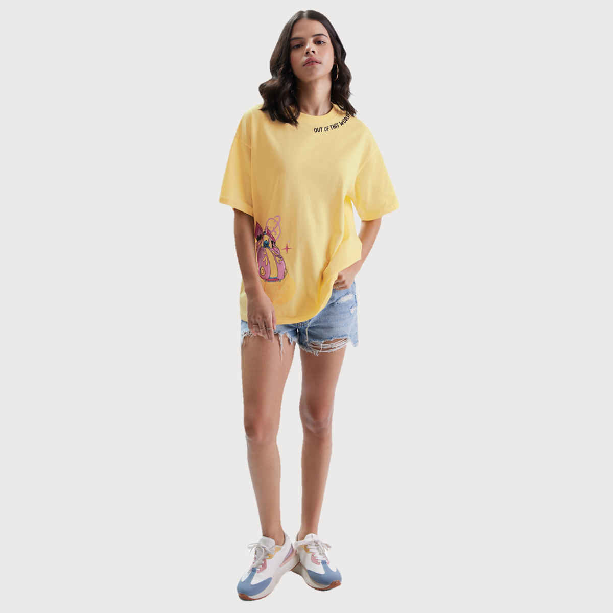 The Souled Store Women's Lilo & Stitch Out of This World! Oversized T-shirt | Yellow - L
