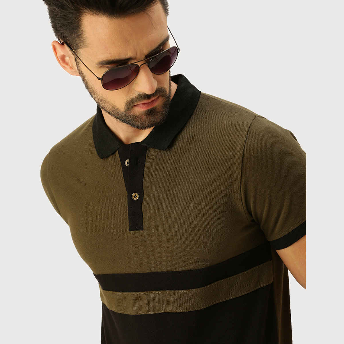 VEIRDO Men's Colorblock Regular Polo T-Shirt | P-22 BLK OLIVE | Olive - S