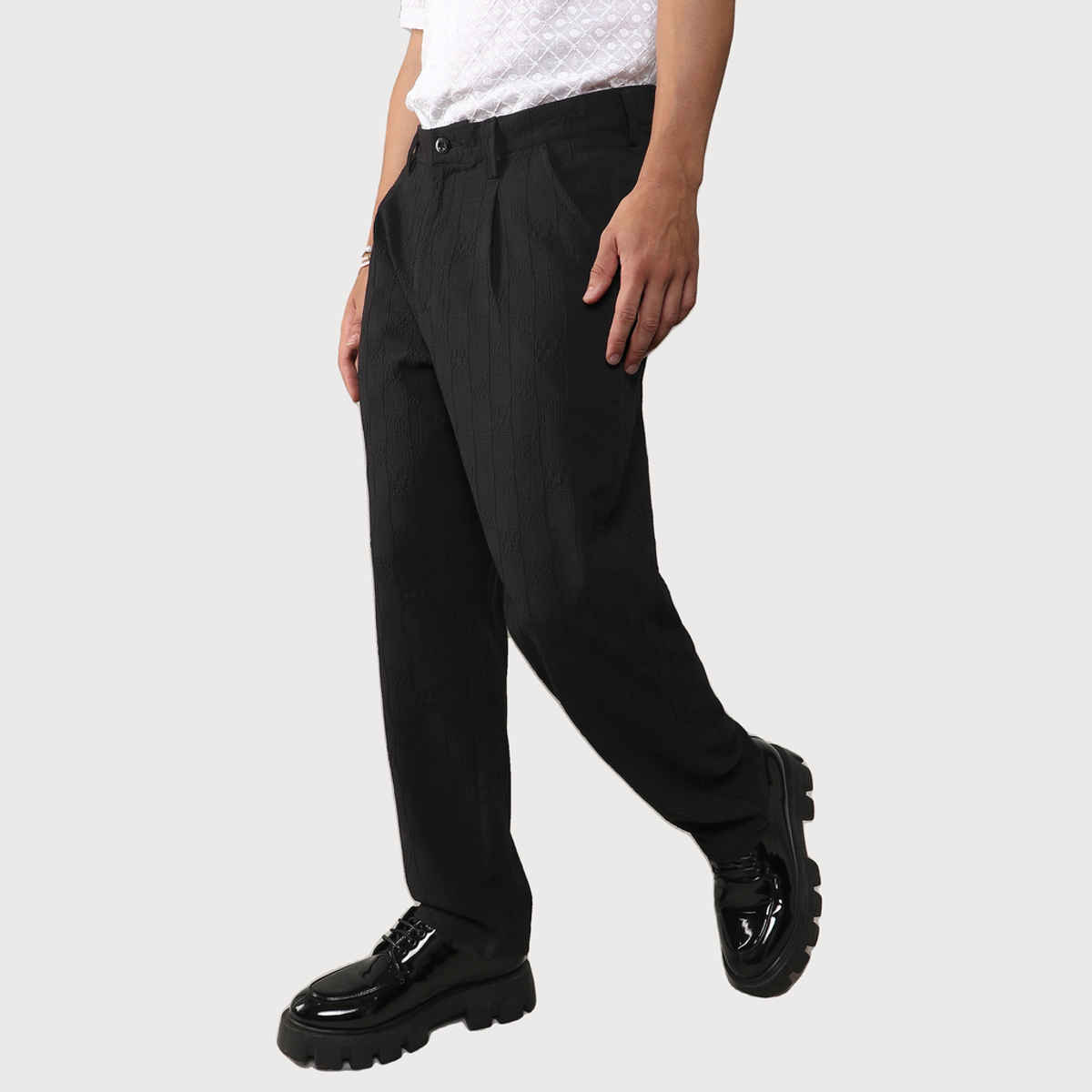 Campus Sutra Men's Creased-Check Trousers | Black - 30