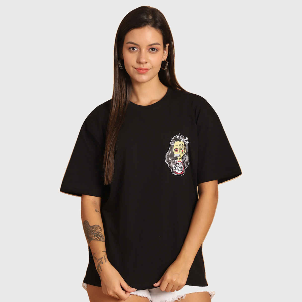 Fabflee Women Oversize Cotton Printed Round Neck Tshirt | Black | FAB-OS-512 | XL