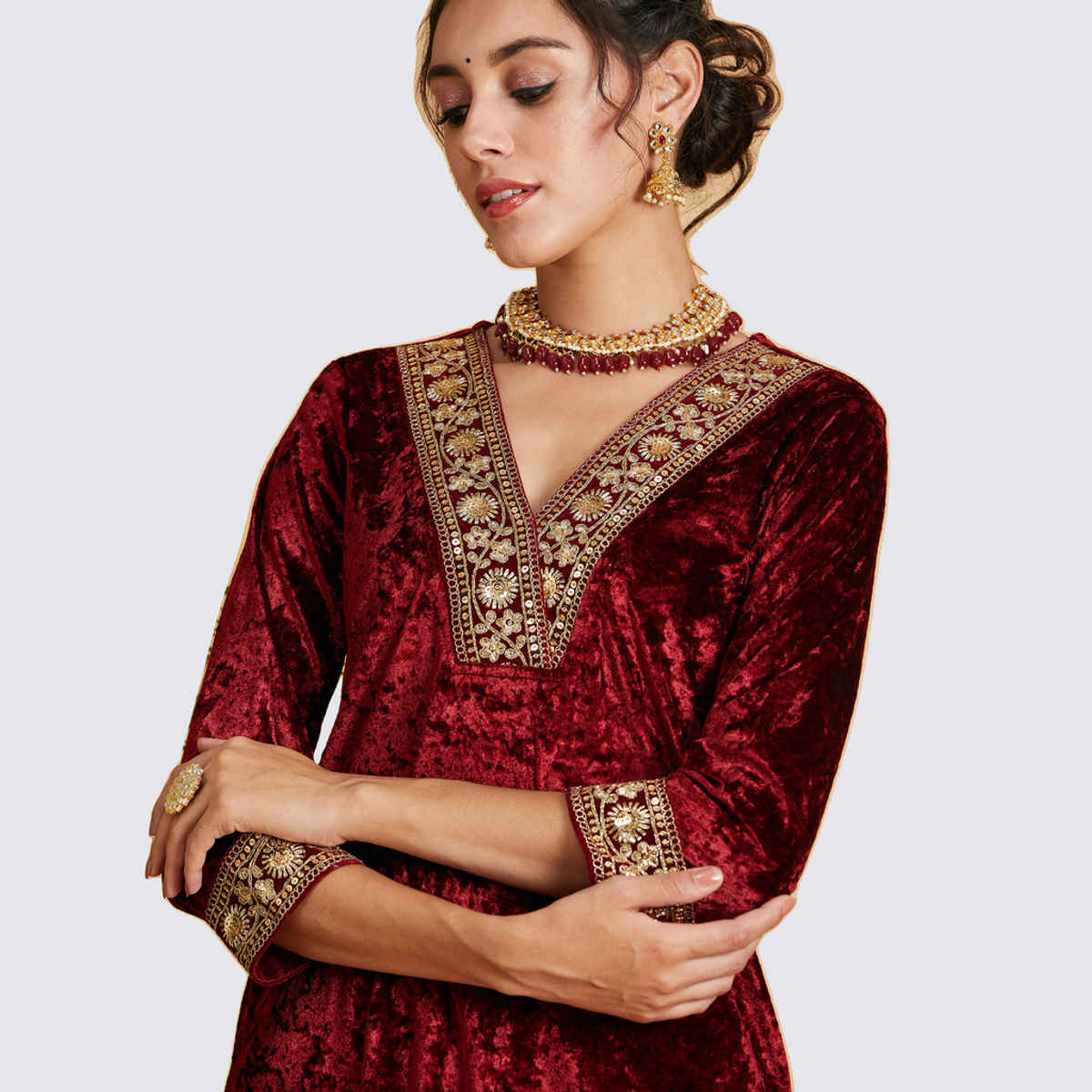Shae by SASSAFRAS Women's Velvet Straight Kurta | Maroon - XL