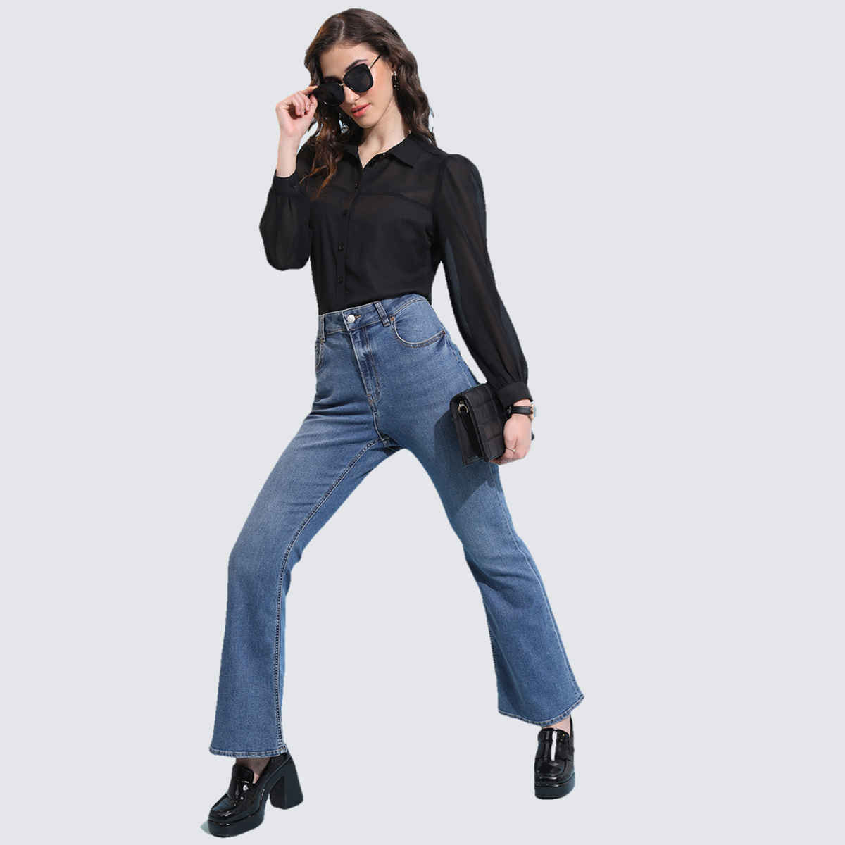 Tokyo Talkies Women's Collar Puff Sleeve Shirt Style Top | Black - L
