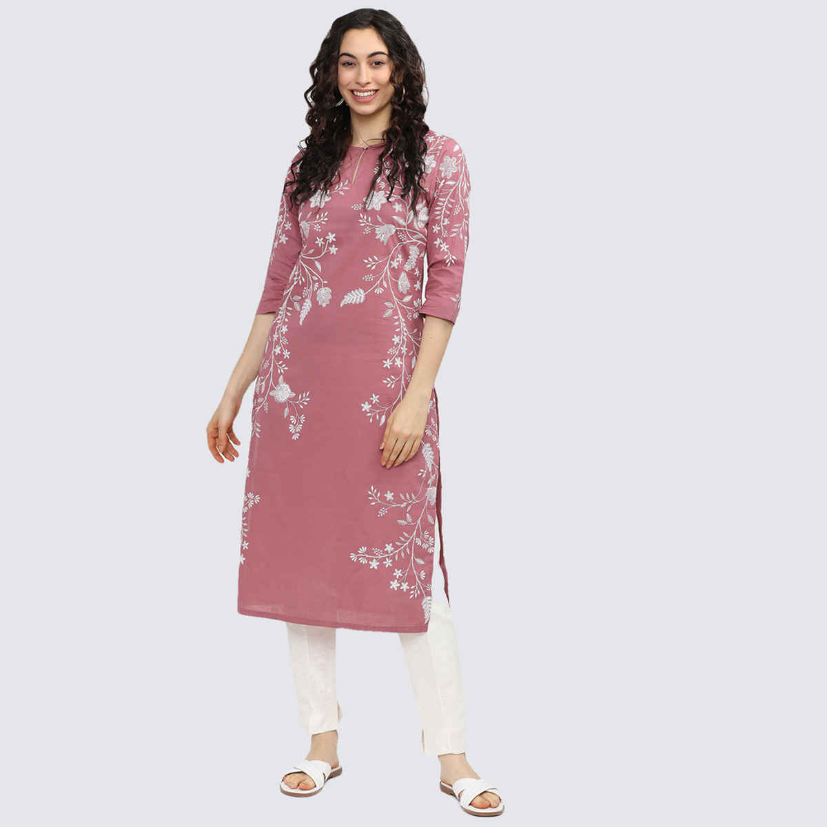 Vishudh Women's Floral Printed Keyhole Neck Kurta | VNKU011650 | Pink - XL