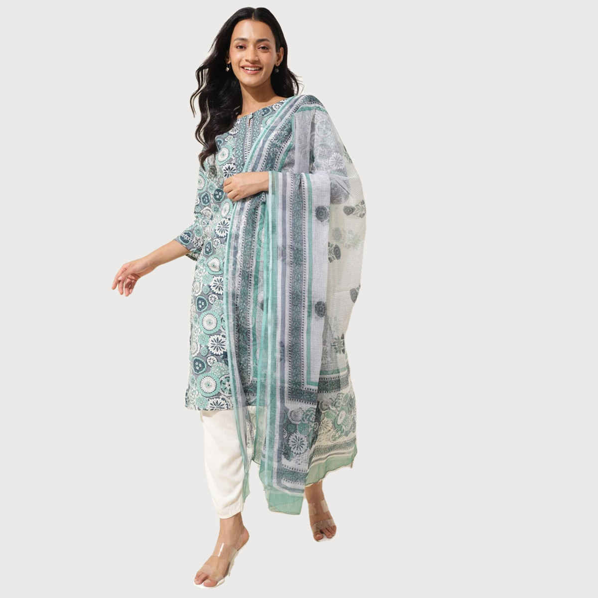Fabindia Women's Dupatta & Kurta Set Cotton Printed | Blue - XL