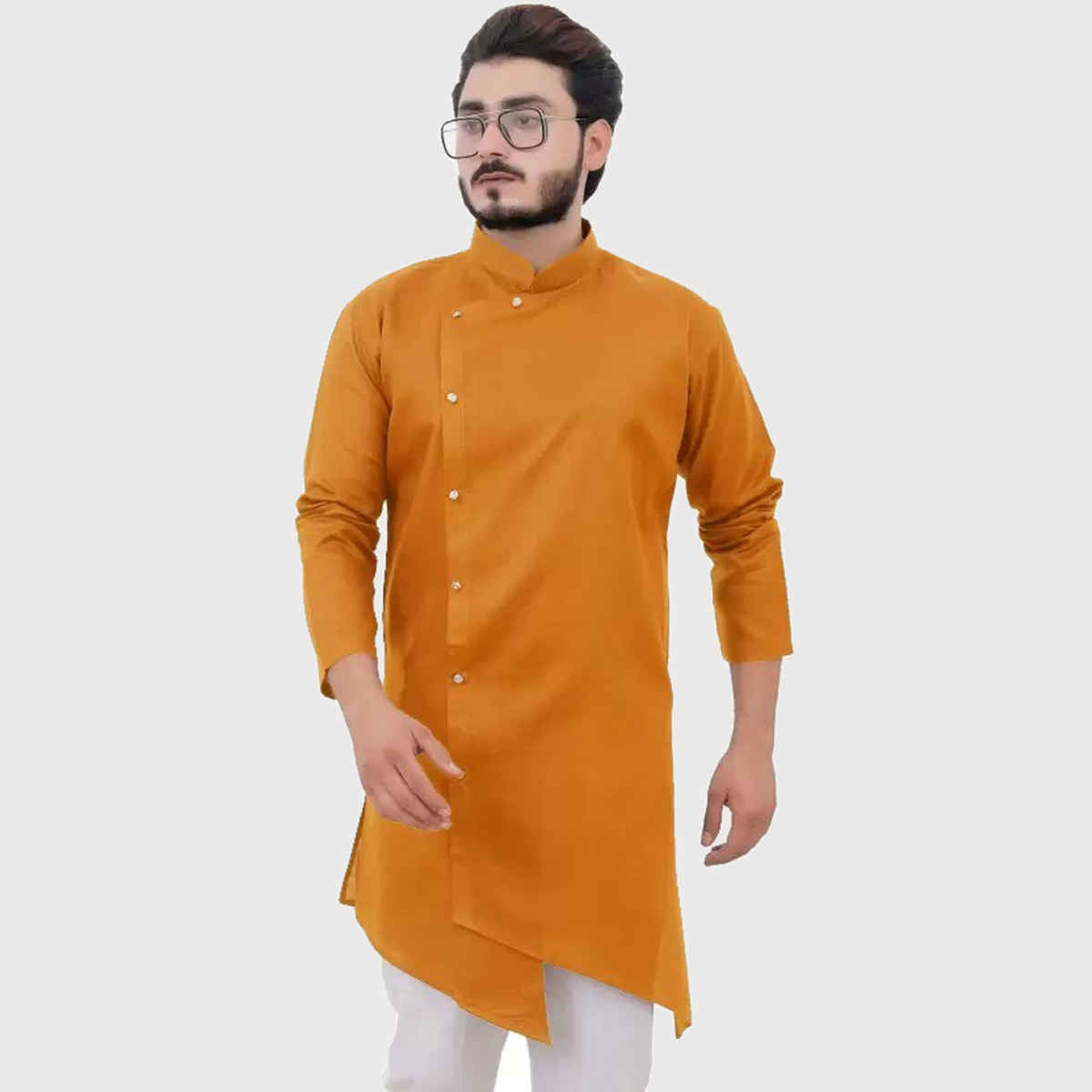 Tibra Collection Men Asymmetric Kurta - Mustard | Solid | Cotton Blend | XXL