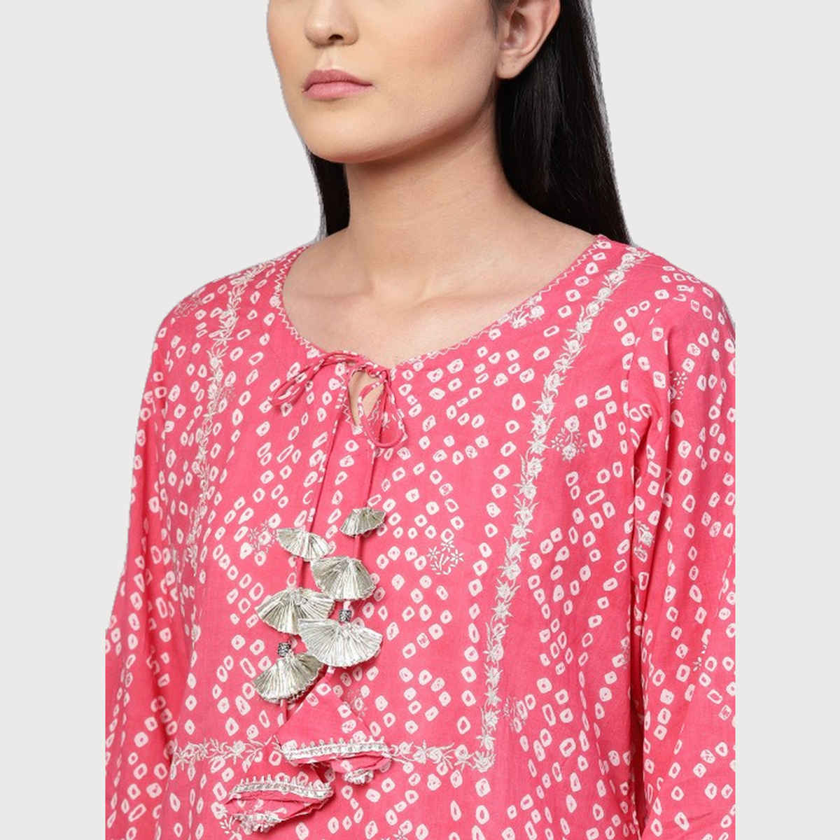 Ishin Women's Kurta with Skirt Bandhani Cotton | Pink - S